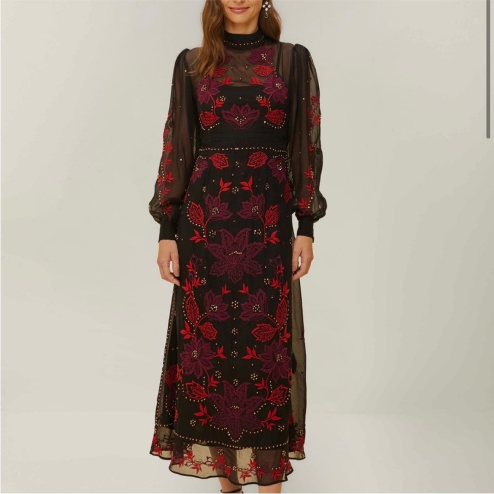 FARM Rio Black Maxi Dress with Red and Purple Floral Design